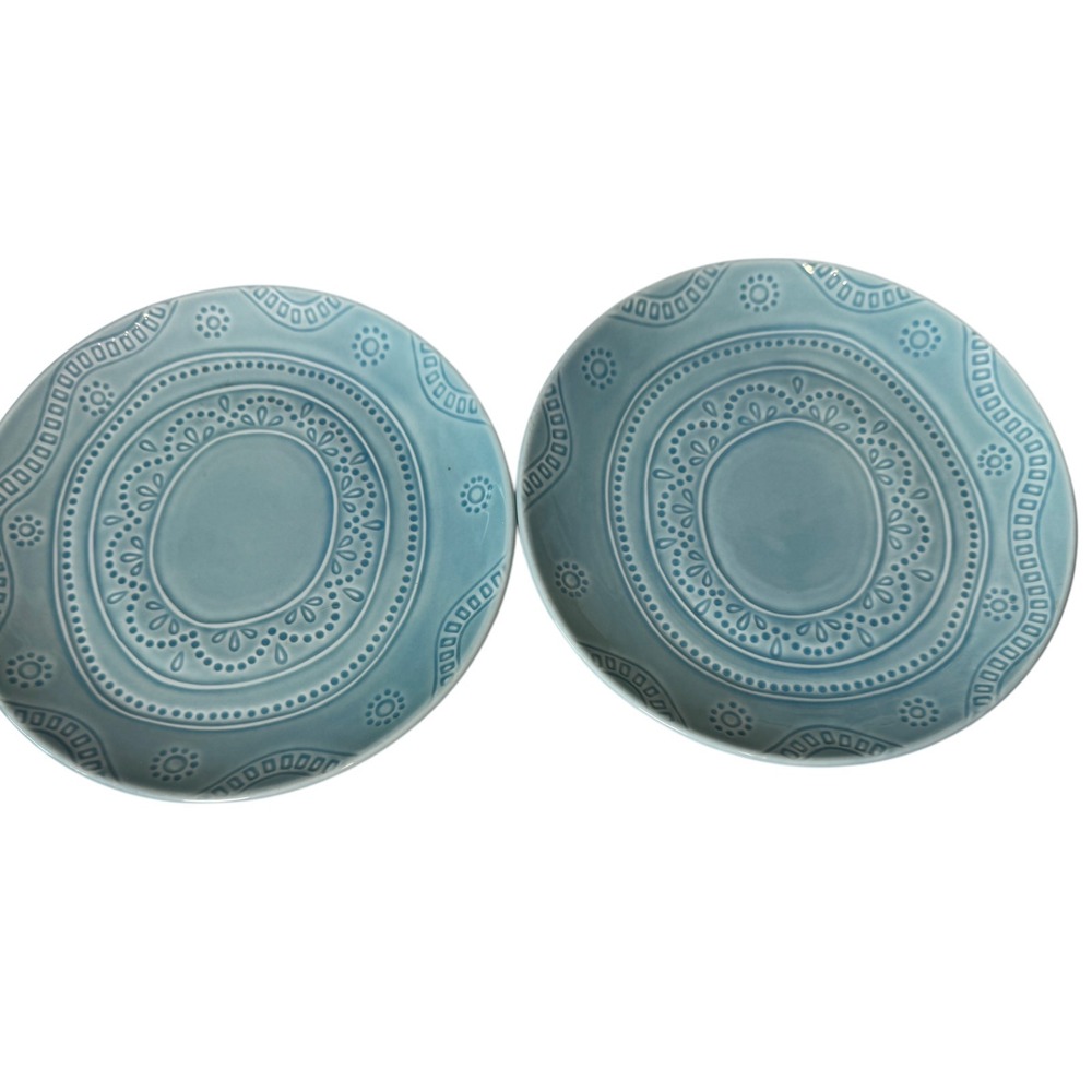 Set 2 Threshold Kennet Azure Aqua Blue Stoneware Salad Plate 8 1/2 Embossed Dots